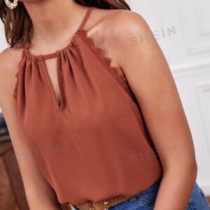 Frenchy Cut Out Tie Back Lace Trim Halter Top